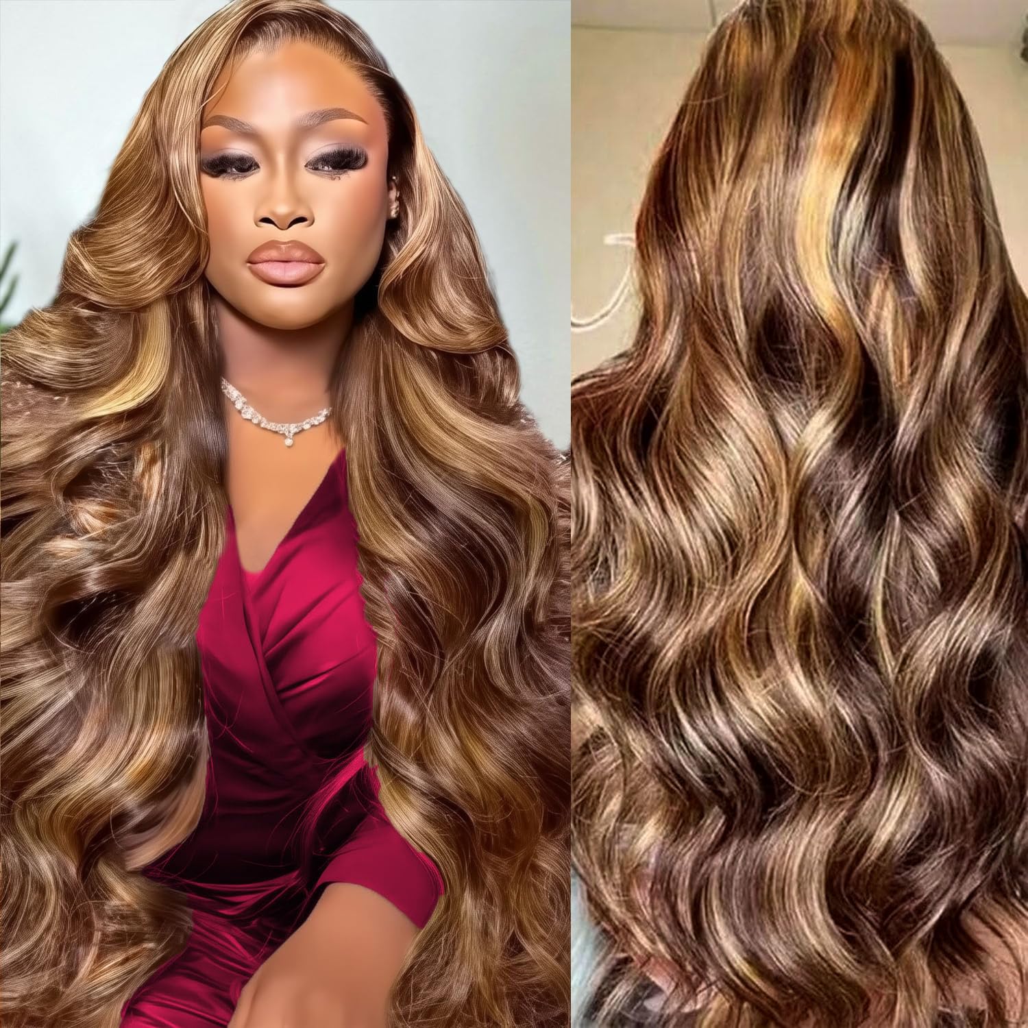 Human Hair Wigs - HDハイライト 46インチ 13x4 ボディウェーブ レースフロントウィッグ 密度200