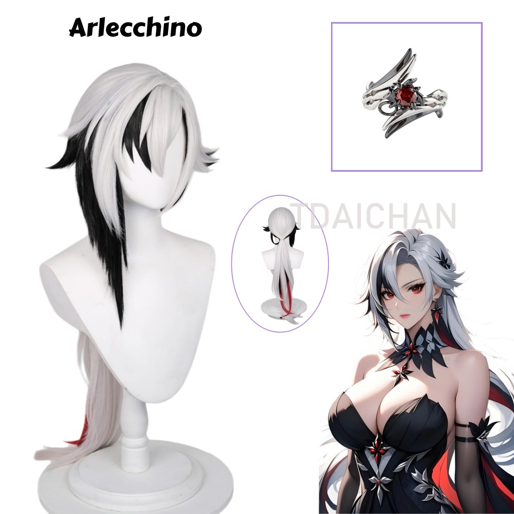 Synthetic Wigs - 原神アレッキーノコスプレウィッグロングシルバーブラックグラデーションアニメリング耐熱人工毛女性用パーティー小道具