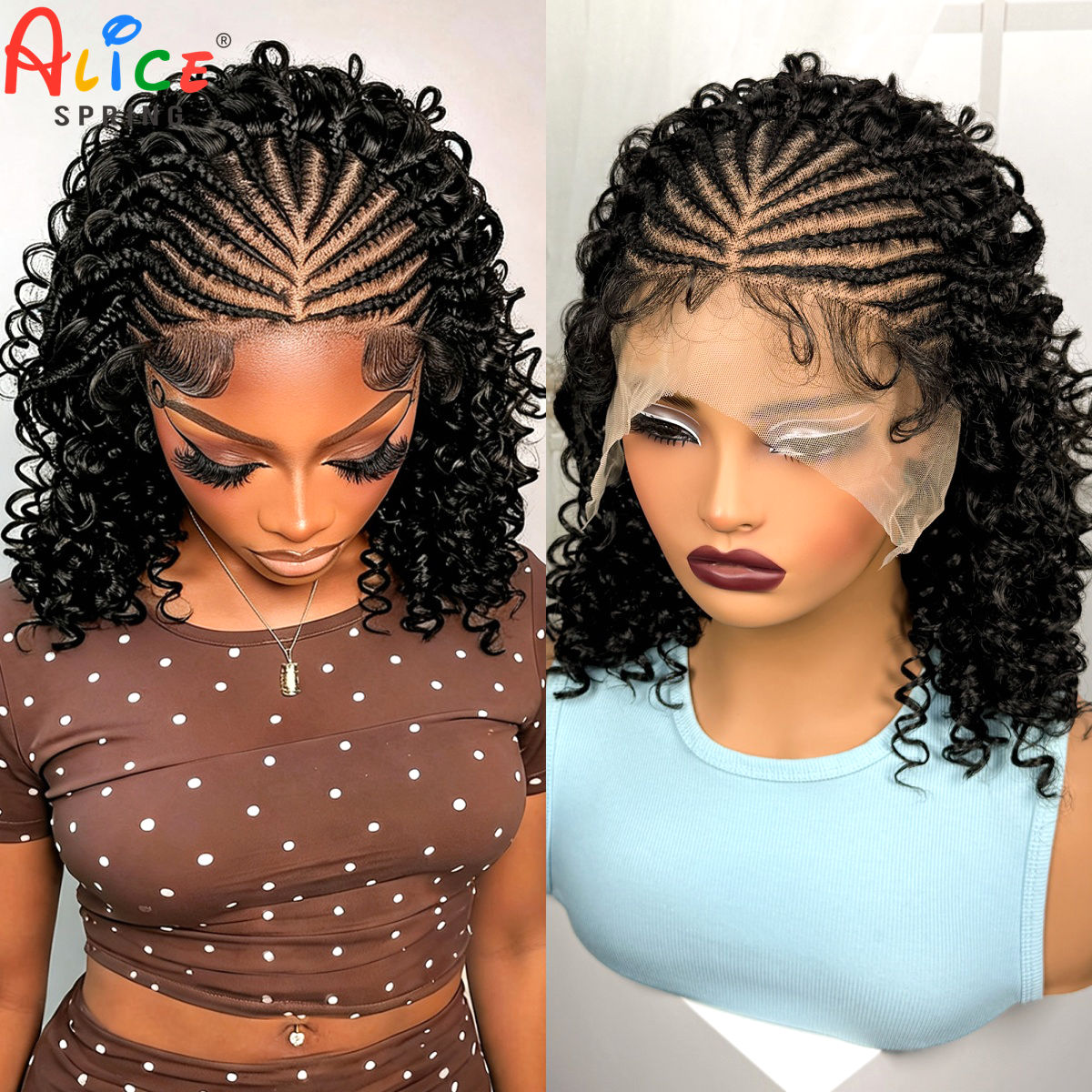 Synthetic Braided Wigs For Black Women - 16インチ ナチュラルコーンロウブレイドウィッグ 合成繊維 13x4 レースフロント ディープウェーブ