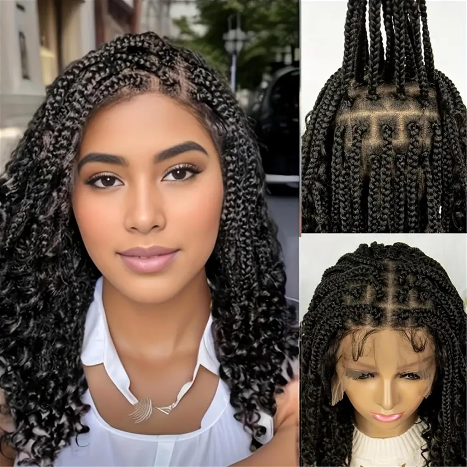 Synthetic Braided Wigs For Black Women - 14/16/18インチ ショートノットレスボックスブレイドウィッグ カールエンド付き 合成フルレース ボヘミアンブレイドヘアウィッグ 黒人女性用