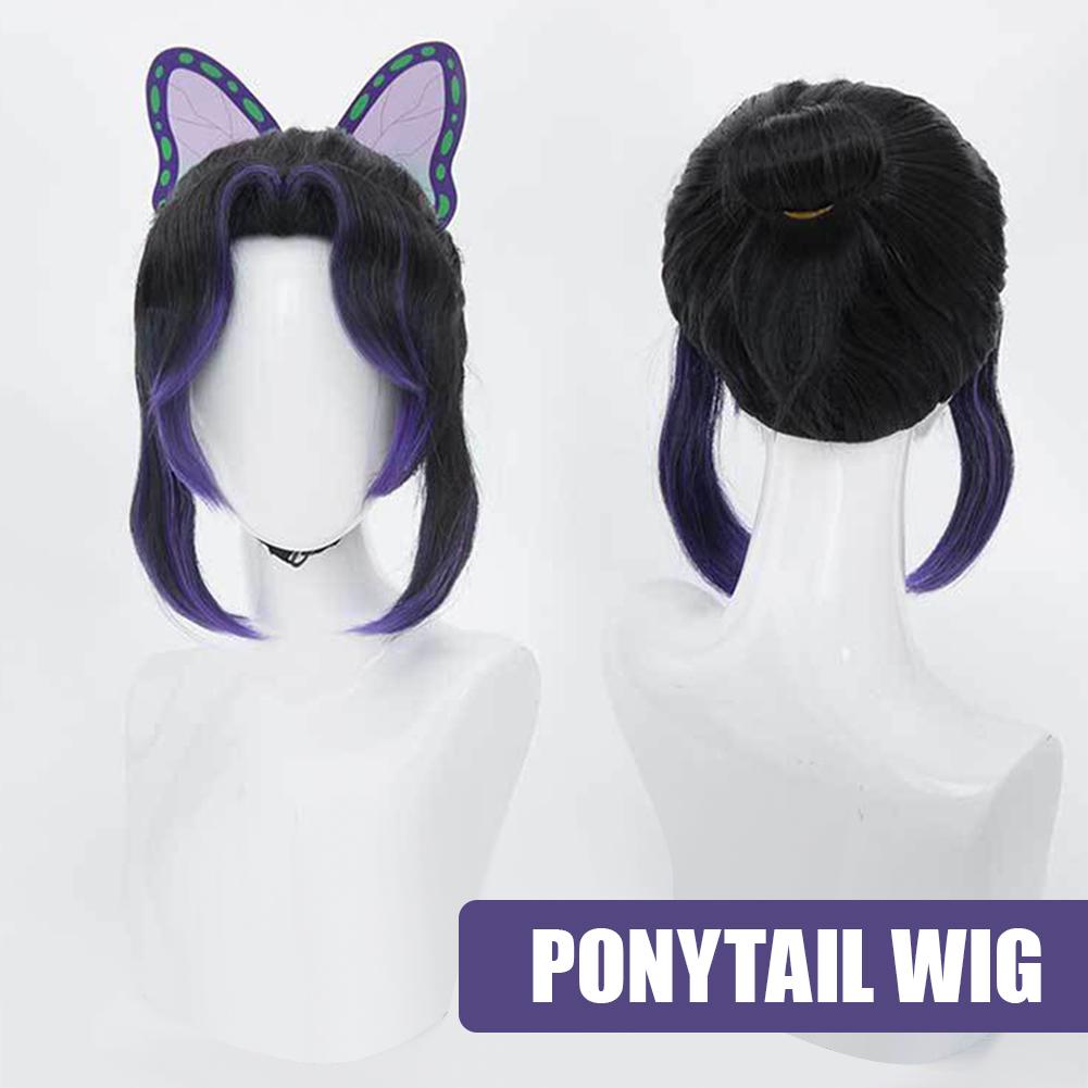 Synthetic Braided Wigs For Black Women - 高品質胡蝶しのぶ胡蝶コスプレウィッグ 35 センチメートル黒紫ピグテール耐熱人工毛アニメウィッグ + ウィッグキャップ