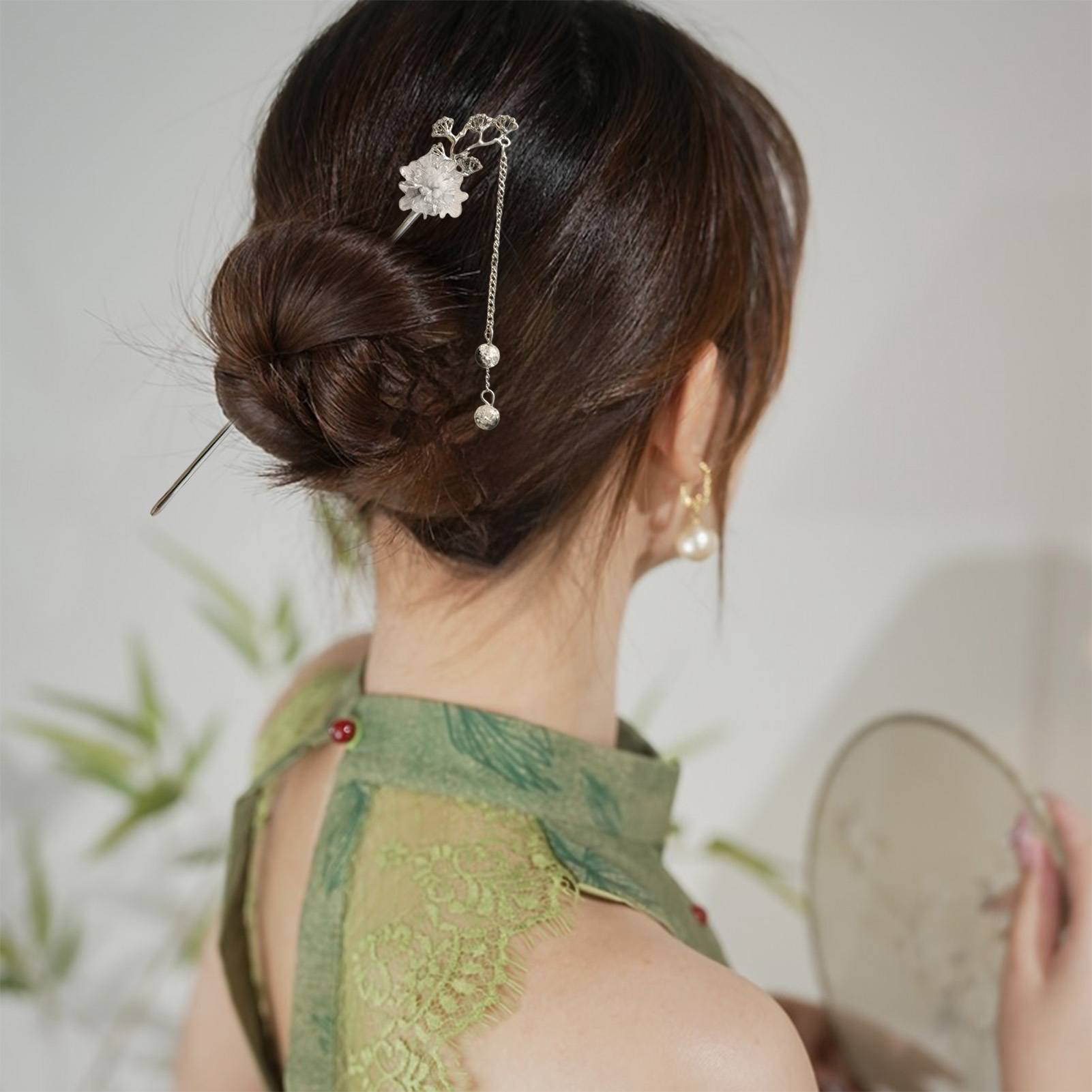 Hair Bundles - エレガントな花のヘアスティックフォーク合金ヘアクリップビーズチェーンペンダントヘッドピース女性レトロ中国ヘアジュエリーアクセサリー
