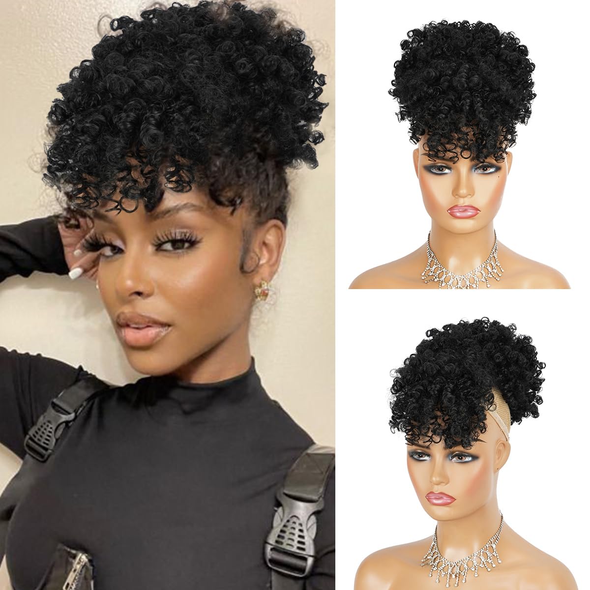 Drawstring Afro Curly Puff Ponytail - アフロパフ巾着ポニーテール前髪付きパイナップルアップヘア黒人女性用、合成ショート変態カーリーポニーテールおだんごヘア