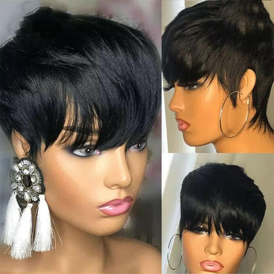 短い人毛ウィッグ、ピクシーカット、ストレート、ブラジル産、黒 - Short Pixie Cut Wig Human Hair Cheap のレビューと価格