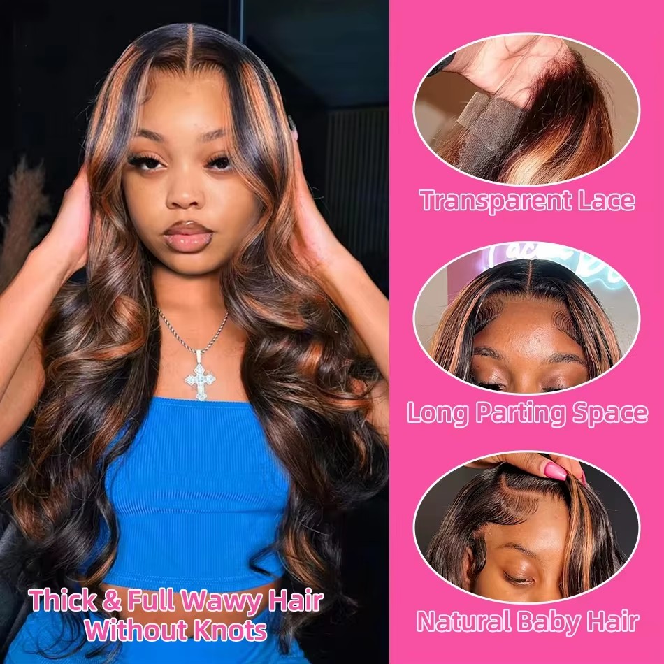 ハイライトオンブレ13x4レースフロントウィッグ人毛ボディウ - Human Hair Wigs のレビューと価格