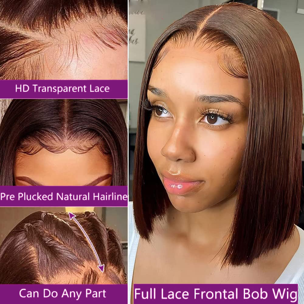 前髪部分に毛を植え付けた、チョコレートブラウンの短いボブスタ - Pre Parted 13X4 Lace Front Bob Wig のレビューと価格