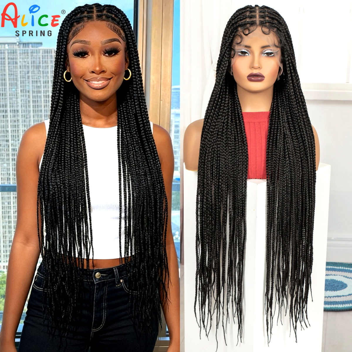 36インチロングボックスブレイドウィッグ、合成フルレースノッ - Synthetic Braided Wigs For Black Women のレビューと価格