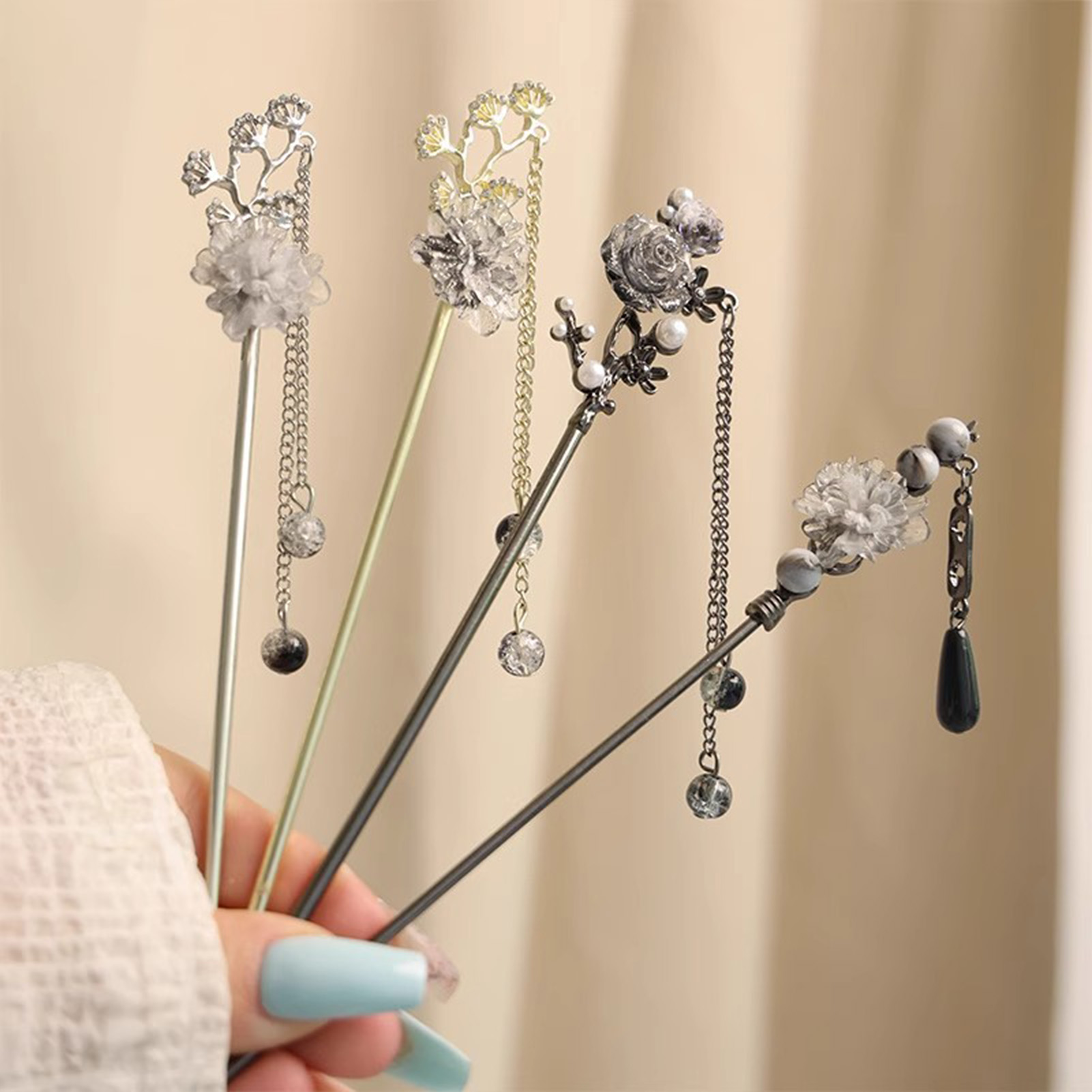 エレガントな花のヘアスティックフォーク合金ヘアクリップビーズ - Hair Bundles のレビューと価格